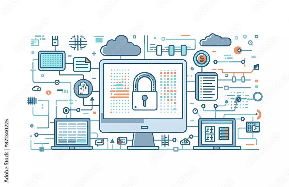 Poster flat vector illustration of computer, file and lock icons with security concept