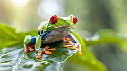 Fototapeta premium Red-eyed tree frog on a leaf in a tropical forest, close-up shot. Wildlife and nature concept