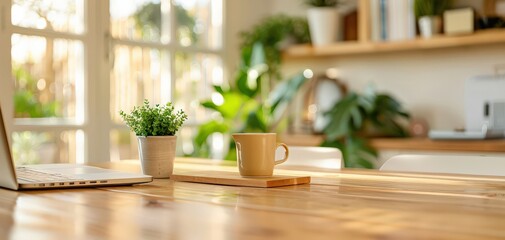 Wooden table with a laptop, mug, plant and blurred background.