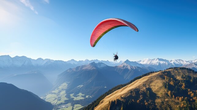 Adventurous paraglider soaring through 
