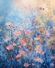 watercolor, small flowers and sparkles in the sky, pink blue yellow colors, dreamy pastel tones 