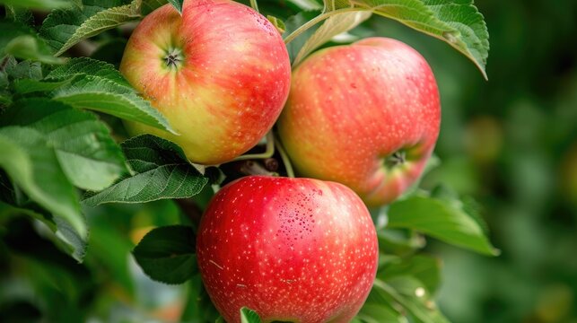 Ripe Renette Simirenko apples on a tree in the orchard amid lush leaves prepared for picking