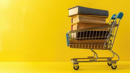 Metal shopping cart with thick book on yellow background ideal for literature and training materials Banner with text space available