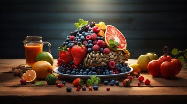 Brain with fruits, promoting healthy living and nutritious eating habits


