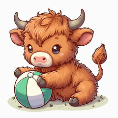 Cute Highland Cow Playing With Beach Ball Clipart