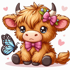 Cute Highland Cow Sitting With Butterfly Clipart