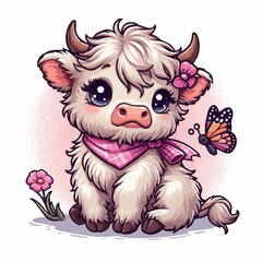 Cute Baby Highland Cow Sitting With Pink Scarf and Butterfly