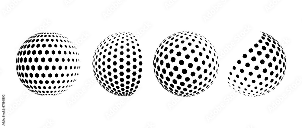 Leinwandbilder black halftone pattern sphere collection. hexagon wireframe 3d circle set. grid globe element bundle