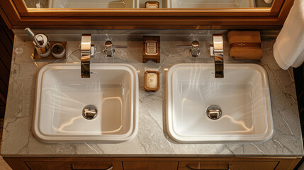 Luxury bathroom interior with double sink vanity unit. Top view of elegant and modern washbasin design.