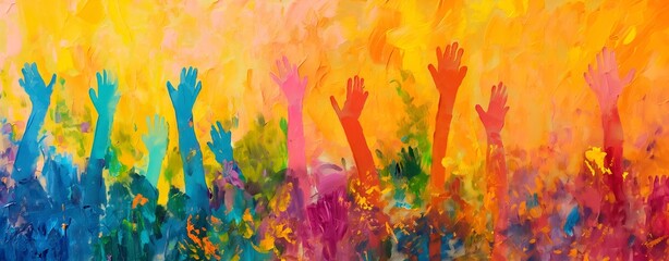 Fototapeta premium Vibrant Unity And Diversity: Colorful Hands Creating A Textured, Warm Abstract Community, Hands Reaching Up In Warm Abstract Expression, Unity, Revolution