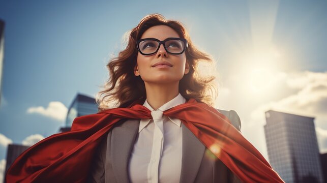 Confident businesswoman in a superhero pose, 