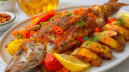 Jamaican Escovitch Fish with Vegetables and Roasted Potatoes on White Plate, Close-Up