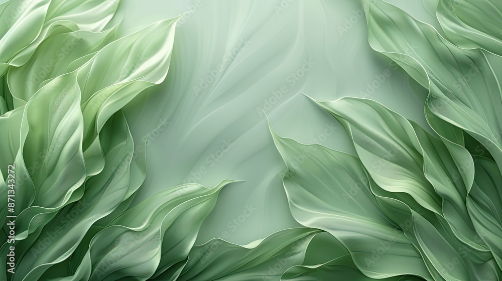 Poster an abstract design of green leaves with soft gradients and flowing shapes, evoking a sense of nature