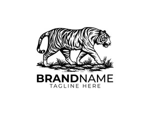 Obraz premium woodcut linocut engraving black ink print style logo of walking tiger king of jungle