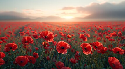 Fototapeta premium A stunning field of red poppies in full bloom at sunrise, stretching out towards distant mountains