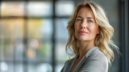Fototapeta premium Confident professional woman with blonde hair, standing by a window, looking ahead with a slight smile