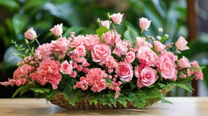 Arrangement of pink roses and carnations