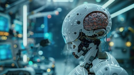 Fototapeta premium High-tech robot with a human brain in a futuristic environment The robot's design includes visible neural pathways and advanced machinery blending human intelligence with cutting-edge technology The