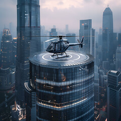 A helicopter landing pad on a tall building in the middle of the city.