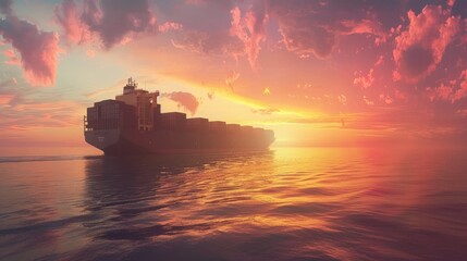 Fototapeta premium Container ship at sunset with copy space global logistics of import export sea cargo industry concept