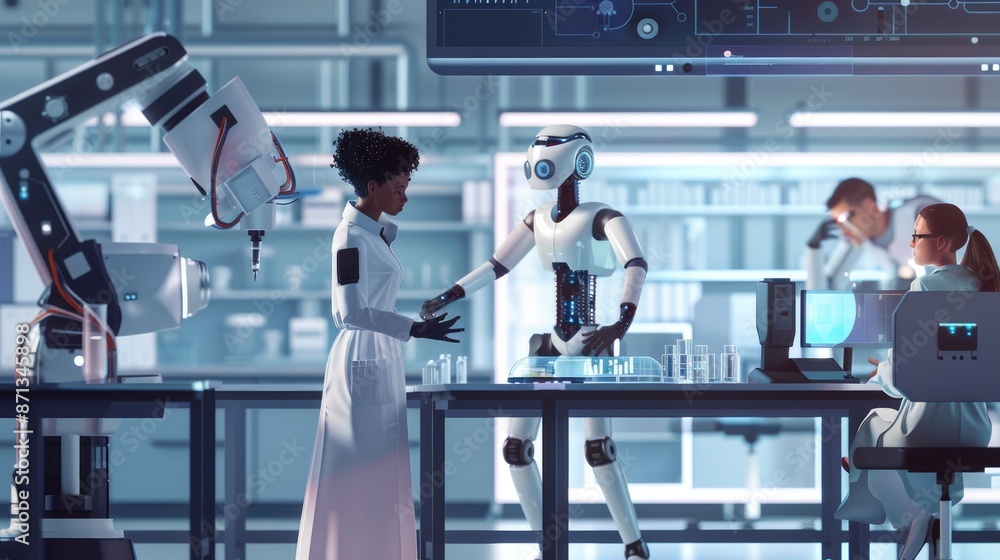 Poster in a cuttingedge laboratory, scientists collaborate with robots to push the boundaries of automation