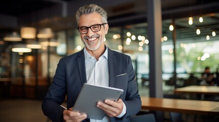 Smiling middle-aged businessman  with  a tablet