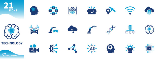 Technology icon. Icon sets for artificial intelligence, semiconductor chips, cars, robots, video creation, cloud computing. Solid vector icons
