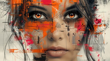 a woman's face is transformed into a captivating display of abstract geometric shapes and colorful splashes, embodying modern design elements.