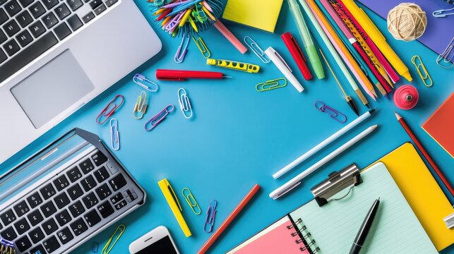 A detailed shot of an organized school desk with various school supplies, including notebooks, pens, and a laptop, all set up neatly