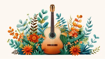 Acoustic guitar surrounded by vibrant floral arrangement, combining music and nature in a colorful and artistic illustration.