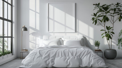 Modern minimalist bedroom interior with blank canvas, large windows, and green plants. Perfect for showcasing your artwork or designs. Concept of home decor, interior design, and comfortable living.