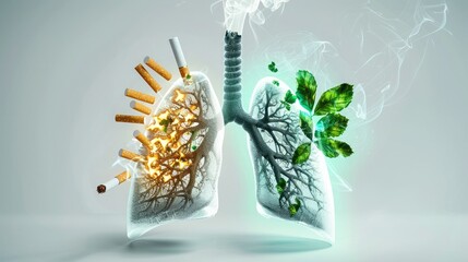 Creative illustration showing a comparison between healthy lungs and smoker's lungs. Emphasizes the effects of smoking on lung health.