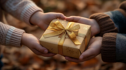 Illustration of a child with a gift box he wants to give on a special day, representing friendship and giving back.