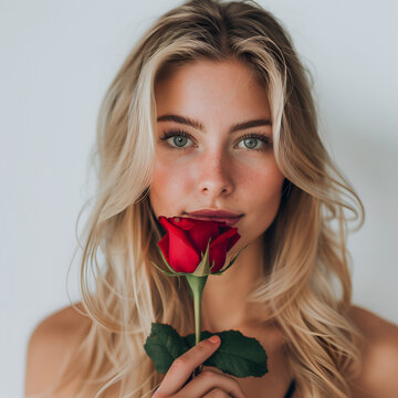 Close-up of a beautiful woman with long blonde hair, smiling, holding a red rose.