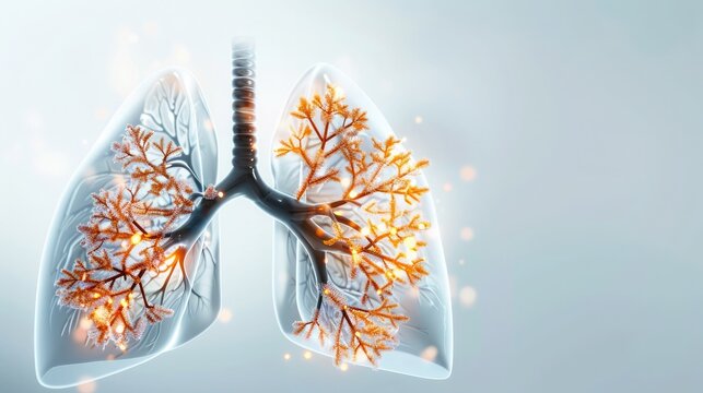 Illustration of human lungs highlighting the bronchial tree with a blue background. Concept of respiratory system and medical research.