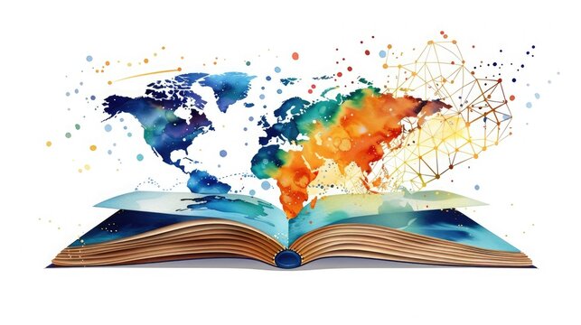 Open book with colorful abstract world map illustration, symbolizing global knowledge, education, and creativity.