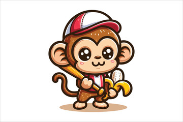 Fototapeta premium Cute Monkey Holding Banana And Baseball Bat Stick Cartoon Vector Icon Illustration with white background