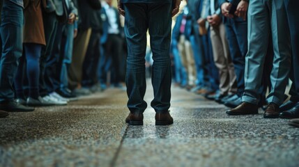Fototapeta premium Man standing in unemployment line, job loss, economic impact