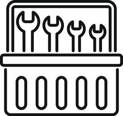 Line drawing of a mechanic's tool box containing four different sized wrenches for making repairs on automobiles, motorcycles, equipment and more
