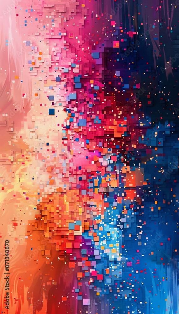 Poster vibrant digital artwork featuring colorful pixel blocks and abstract patterns, blending warm and coo