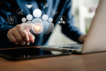Human Resources Manager management virtual human icon to achieve target via digital tablet, HRM,...