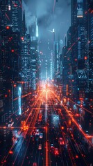 Obraz premium Futuristic Neon Cityscape with Advanced Technology and Dynamic Light Trails