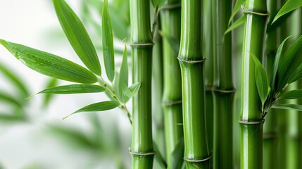 Close-up of fresh green bamboo stalks and leaves, nature background. Zen garden and relaxation concept