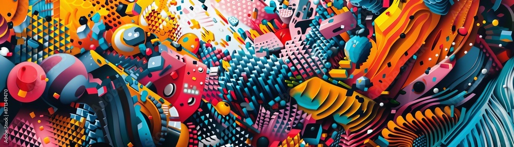 Poster a vibrant abstract digital art piece with various shapes and colors, creating eye-catching patterns 