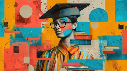 Graduate Portrait with Abstract Background Featuring Books and Modern Artistic Elements
