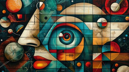 Geometric Abstract Art with Eye Symbol and Cosmic Elements in Vibrant Colors