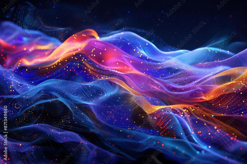 Poster vivid abstract waves of light and color creating a mesmerizing display of vibrant neon blues, reds, 