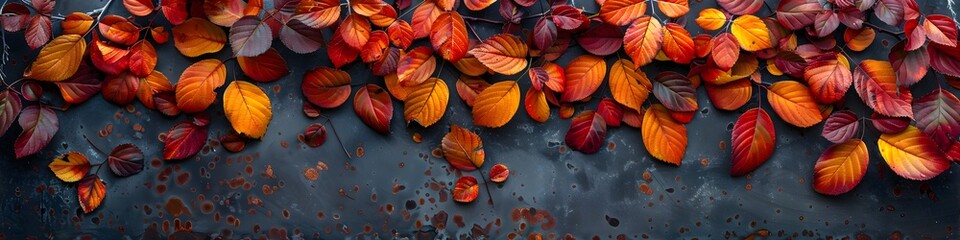 Fall backdrop Border of red orange and yellow leaves on vintage metal surface with wooden backdrop