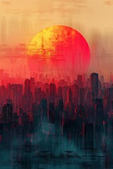Fototapeta premium 夕暮れの抽象的な街並みのデジタルペインティング