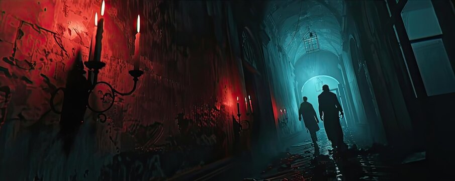 Silhouetted figures walk through an eerie, dimly lit hallway with vibrant red and blue lighting, evoking mystery and suspense.